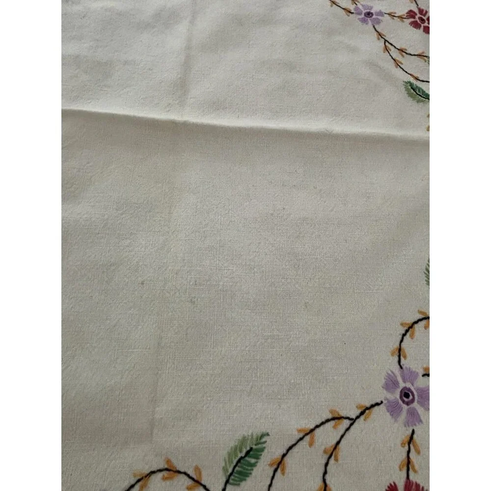 Vintage Hand Embroidery Cotton Table Cloth Floral 37x34” Square Ivory